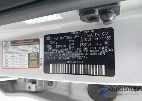 2019 Kia Rio S z USA, uszkodzony, nr VIN 3KPA24AB2KE233118